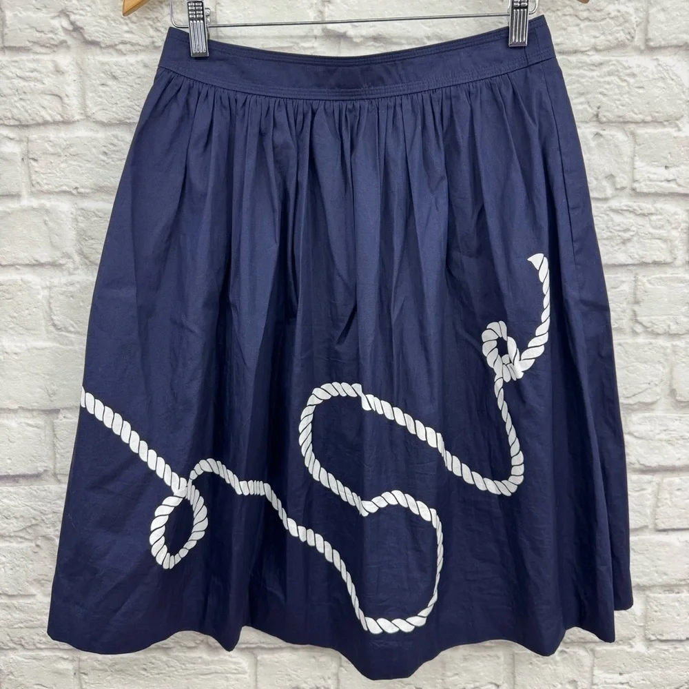 J.Crew Navy Blue Cotton A-Line Pleated Anchor Skirt Size 2 Nautical Coastal